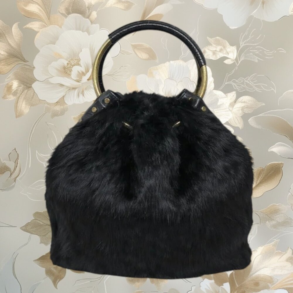 Vintage Adrienne Vittadini Black Black Double Handle Rabbit Fur Handbag Purse